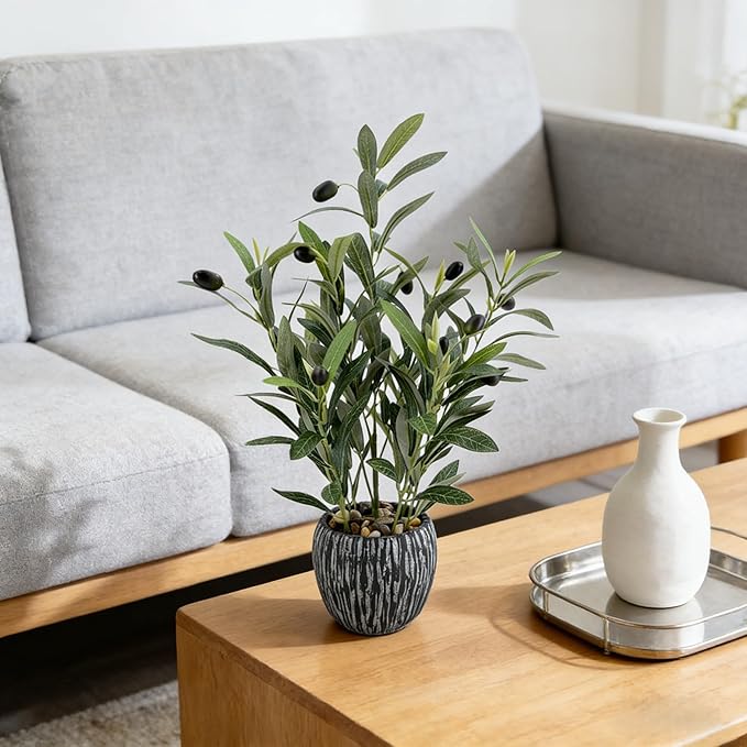 Olive Branches Artificial Plants Décor Indoor 17.72'' Tall Fake Olive Branch with Rustic Black Cement Planter for Vintage Room Bathroom Bedroom Kitchen Office Dese Coffee Table Décor