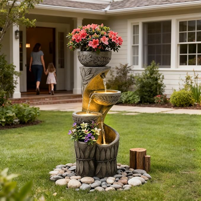 4 Tiered Water Fountain Outdoor, 35.6" Tall Cascading Bowl Leaf Carved Outdoor Waterfall Fountains Modern Water Feature with Dual Planters for Garden, Patio,Deck, Yard, Indoor Decor