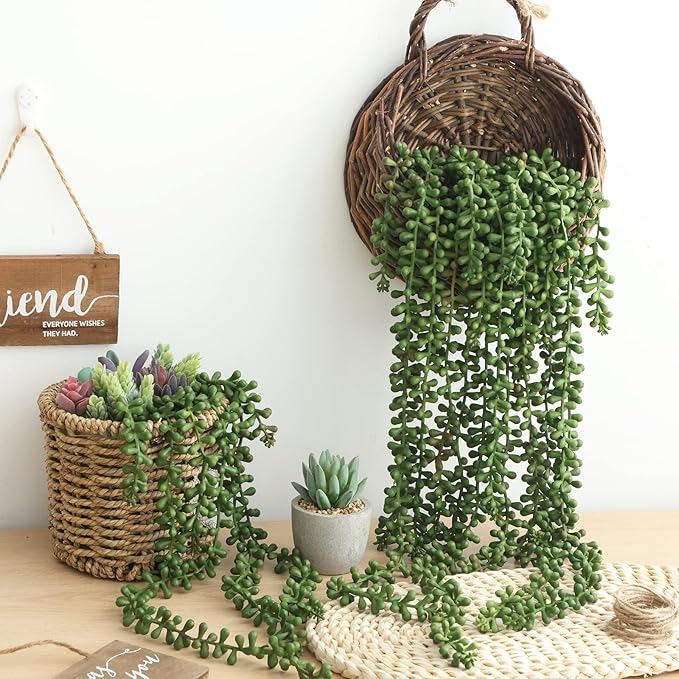 CEWOR 8pcs Artificial Succulents Hanging Greenery Plants Fake String of Pearls for Wall Home Garden Outdoor Decor (24 Inches Each Length)