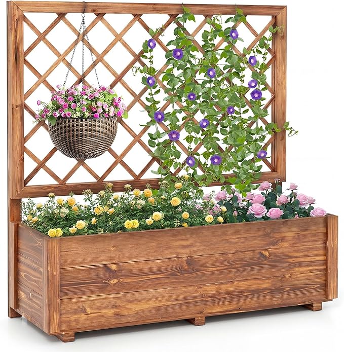 Giantex Raised Garden Bed with Trellis, 39”x14”x40” Wood Elevated Planter Box w/Drainage Hole for Climbing Vine Flower Herb Vegetable Fruit, Planting Container for Indoor Outdoor Patio Balcony