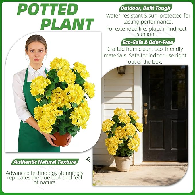 Faux Hydrangea Tree 30" Tall (2 Pack), Artificial Hydrangea Plant in Pot with Yellow Flowers, Realistic Hydrangea Tree for Indoor Outdoor Porch, Patio, Home Decor
