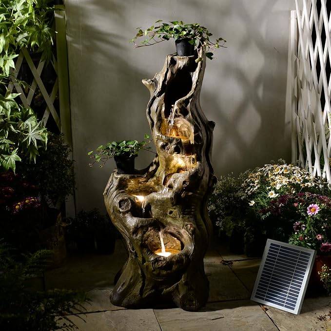 Sunlinua Solar Water Fountain Outdoor 5-Tiers Large Cascading Realistic Tree Trunk Natural Waterfall Outdoor Fountains Resin Imitation Wood with LED Lights for Garden, Patio, Porch