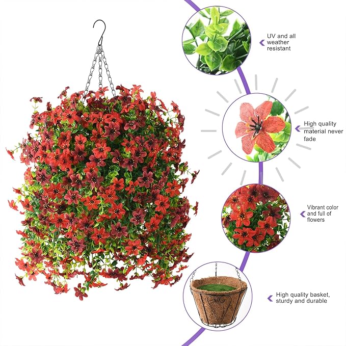 Artificial Hanging Baskets Outdoor, 4 Bundles Artificial Hanging Flowers Outdoors Spring Summer Decoration, No Fade Realistic Fake Hanging Baskets for Porch Patio Balcony Home Yard Decor