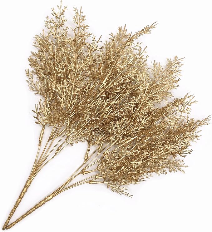 PASYOU Fake Plants Golden Antlers Flowers Decoration for Christmas, Artificial Grass Plastic Faux Outdoor Indoor Home Garden Party Room Bedroom Office Wedding Table Centerpiece DIY Decor, Gold 2 Pack
