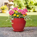 10 Inch Plant Pot, Ceramic Planters for Indoor Plants, Decorative Plant Pots with Drainage Hole and Saucer, Modern Round Large Planter, Office Apartment Decor, House Warming Gifts, Red