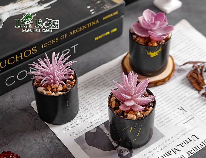 Der Rose 3 Pack Fake Plants Succulents Plants Artificial in Black Pots for Pink Room Decor Aesthetic Home Office Desk Accessories for Women