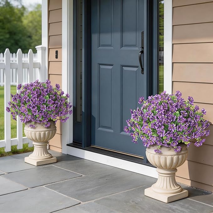 Artificial Morning Glory & Eucalyptus Topiary Trees - Set of 2 Faux Silk Flower Potted Plants, UV-Resistant Fake Outdoor Morning Glory Bushes for Front Door, Yard, Farmhouse, Garden Decor (Purple)