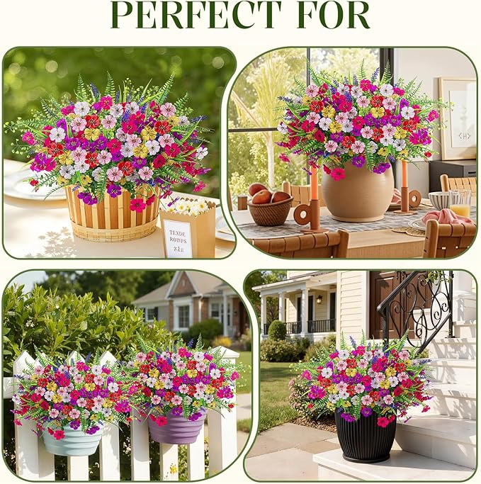 Alupssuc 48 Bundles Artificial Flowers for Outdoors Planters Spring Decoration, UV Resistant Faux Eucalyptus Violet and Lavender Silk Fake Plants for Outside Indoor Yard Home Patio Decor, Mix 6 Colors