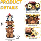 Garden Gnomes Outdoor Statue: 11'' Highland Cow Decor with Welcome Sign Funny Triple Yard Decorations with Solar Light Unique Birthday Gifts for Women Mother Grandma