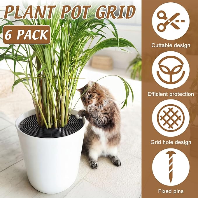 Nuanchu 6 Pcs Plant Pot Covers Grid Soil Protector from Animals 11.8" Cuttable Flower Protector Cat Digging Stopper Plant Pot Cover with Stakes for Indoor Outdoor Gardening, Round Square (Black)