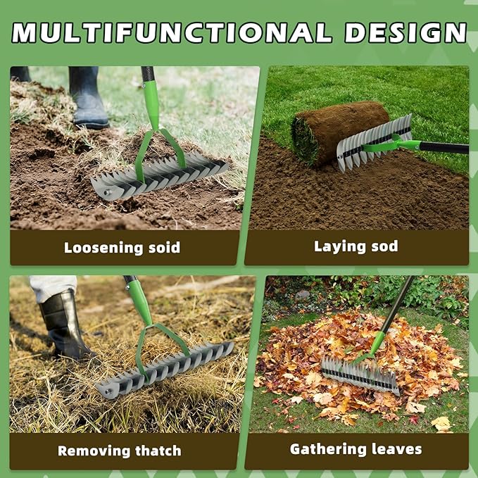 Dual-Action Dethatcher Rake - 21-Tine, Adjustable Long-Handle Landscaping Rake with 70", Heavy Duty Thatch Rake,Turf Rake for Artificial Grass, Metal Rake for Spring Lawn Care, Soil Aeration