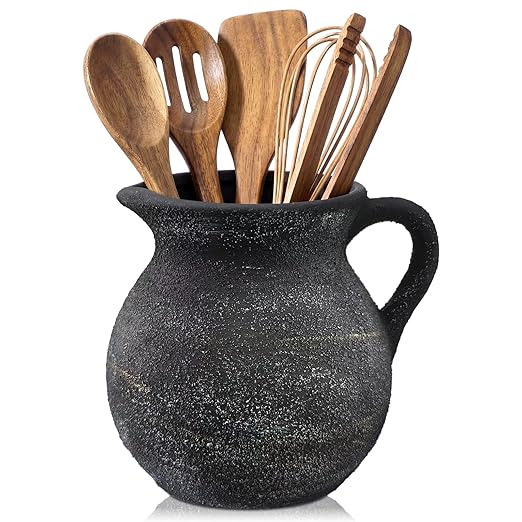 Potchen Rustic Kitchen Utensil Holder with Handle,7.48" H Ceramic Vintage Utensil Crock for Countertop, Farmhouse Kitchen Decoration Ceramic Pot for Spatulas Spoons Tongs(Classic,Antique Black Gold)