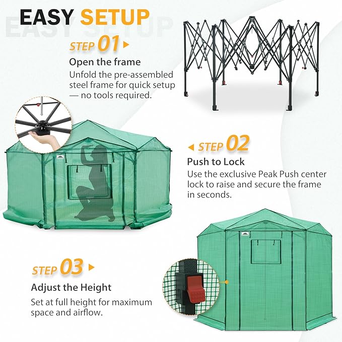 EAGLE PEAK 8.5x8.5 Portable Walk in Greenhouse, Pop Up Indoor Outdoor Greenhouse, Green House Kit with Zippered Roll-Up Doors and Windows, Hexagon Design, PE Cover, Clear/Green