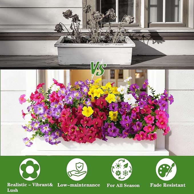INQCMY Artificial Flowers for Outdoors Fake Plants Spring Summer Decoration, 12 Bundles Faux Petunias UV Resistant No Fade Realistic Silk Flower for Outside Planters Patio Porch Yard Window Box