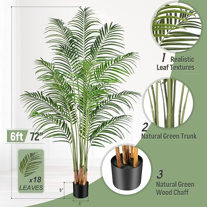 Artificial Palm Tree 6ft Tall Fake Palm Tree Indoor Decor with 18 Leaves and Real Bark Design Faux Tropical Areca Palm Silk Floor Plant in Pot for Home Office Living Room Bedroom Decor 1pcs