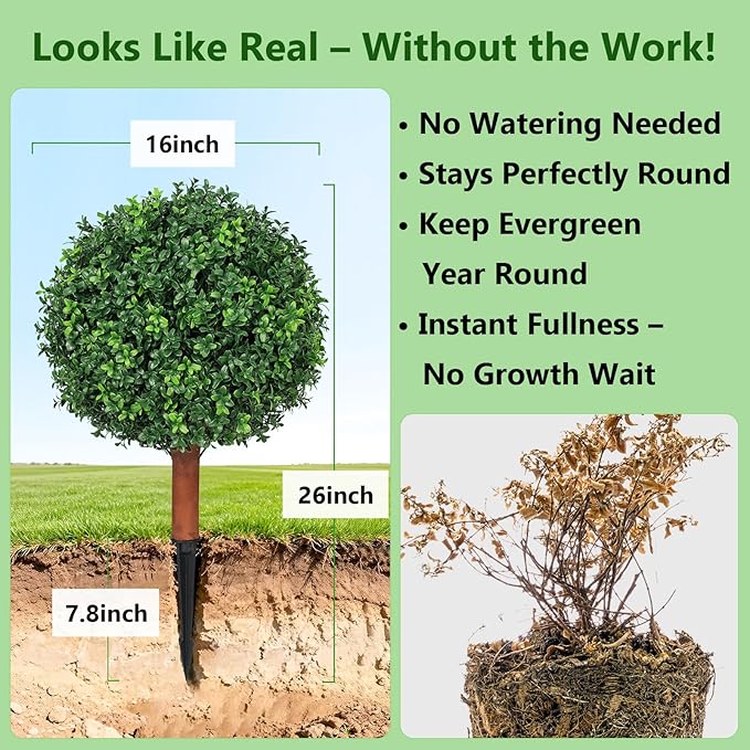 26 inch Height Artificial Boxwood Ball Bush with Ground Spikes, Set of 4 UV Resistant Faux Boxwood Ball Trees for Outdoors, Fake Evergreen Shrubs Bushes Plants for Garden Patio Front Door Balcony