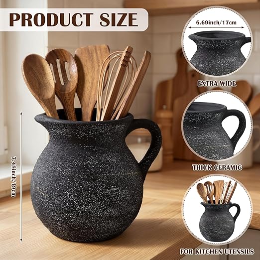 Potchen Rustic Kitchen Utensil Holder with Handle,7.48" H Ceramic Vintage Utensil Crock for Countertop, Farmhouse Kitchen Decoration Ceramic Pot for Spatulas Spoons Tongs(Classic,Antique Black Gold)
