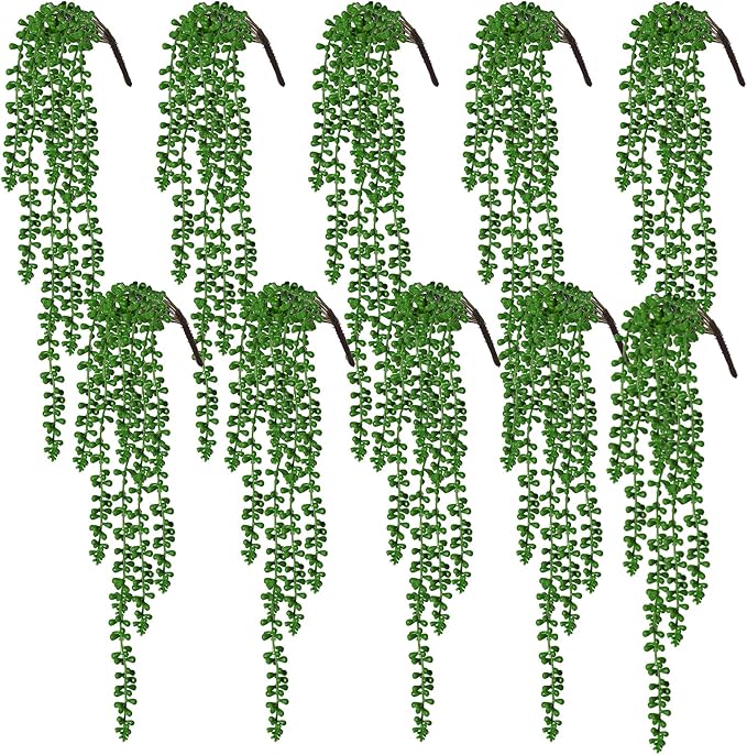 RECUTMS 10pcs Artificial Hanging Succulents Fake Hanging String of Pearls Plants Faux Greenery Wall Plant Spring Summer Indoor Outdoor Home Garden Office Wedding Graduation Party Decor(Green)