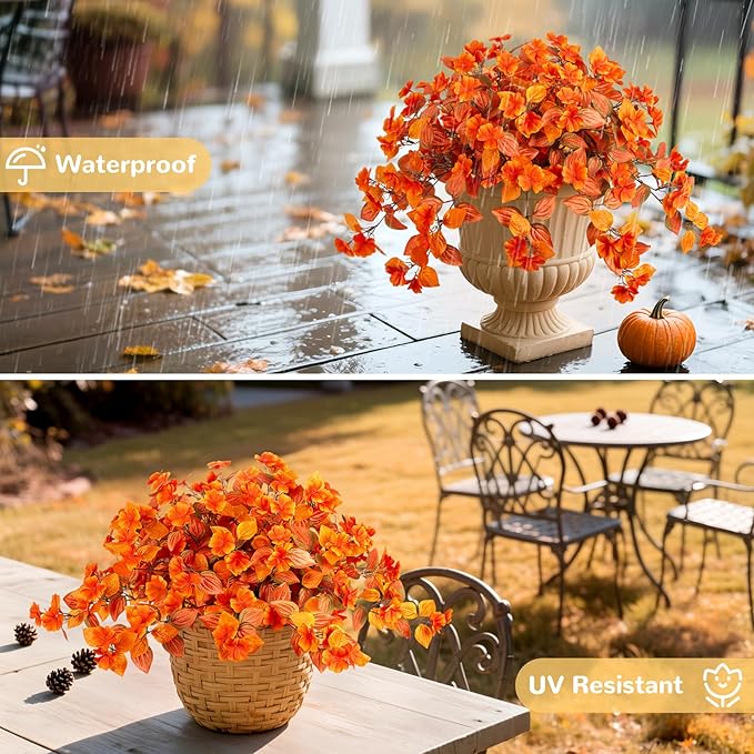 INXUGAO Fake Fall Flowers Artificial for Decoration 2PCS Faux Silk Fall Flowers Plants for Outdoors Outside Planters UV Resistant Looks Real for Front Door Porch Patio Garden Decor