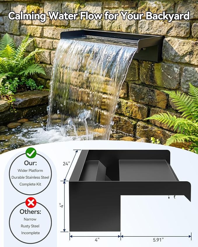 POPOSOAP Pond Waterfall Kit with Colorful LED Lights & 1200GPH Pond Pump, APP & Remote Control, Auto Timer, Pond Waterfall Spillway with 9.8FT Corrugated Tube for Pool, Garden, Patio, Backyard-P46DC