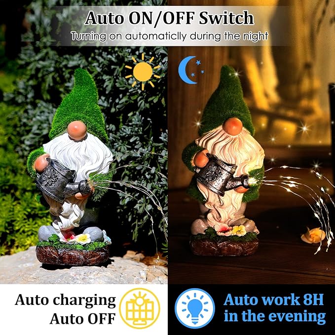 VChymm Flocked Solar Garden Gnomes Outdoor Statues-11.8‘’Outdoor Garden Decor-LED Outdoor Decor Light-Unique Housewarming Gifts Yard Art Sculptures for Patio Lawn Ornaments