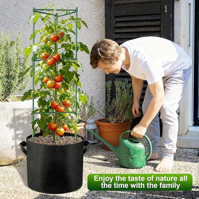 NNG 4 Packs 48 inches Tomato Cages with 10 Gallon Grow Bags,Garden Plant Support Cages,Plant Tower Stakes Garden Trellis for Climbing Plants,Tomato Plant Trellis for Vegetable Fruits Vines (4, Green)