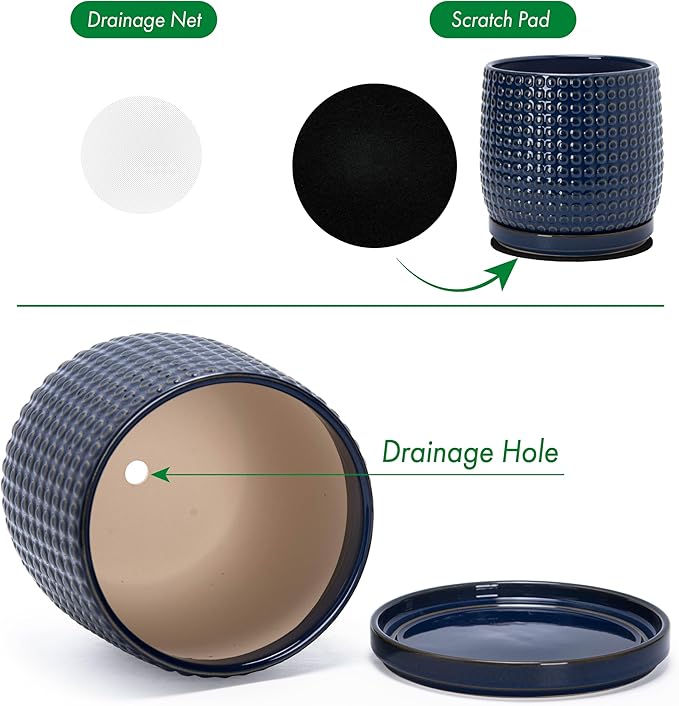 D'vine Dev 10 Inch Ceramic Beaded Stoneware Planter Pot - Flower Pot with Drainage Holes and Saucers for Indoor Succulent Plants or Flowers, Midnight Blue, 27-C-P-3