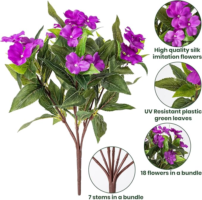 Nigirior Artificial Fake Flowers for Outdoor Décor 6 Bundles UV Resistant Fake Plants for Planter Faux Impatiens for Home Porch/Garden Stunning（Purple）