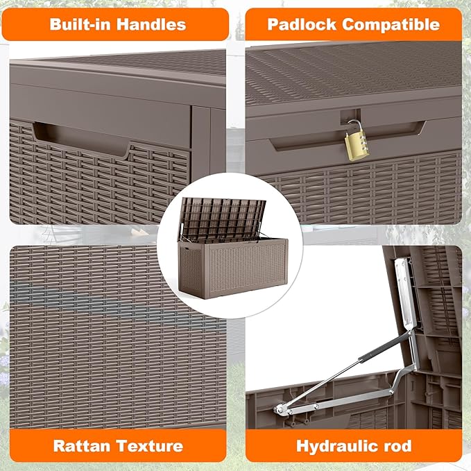 PatioZen 120 Gallon Resin Deck Box, Lockable Patio Outdoor Storage Box for Furniture, Garden Tools and Tools Storage, Waterproof Outside Storage Boxes - Grey
