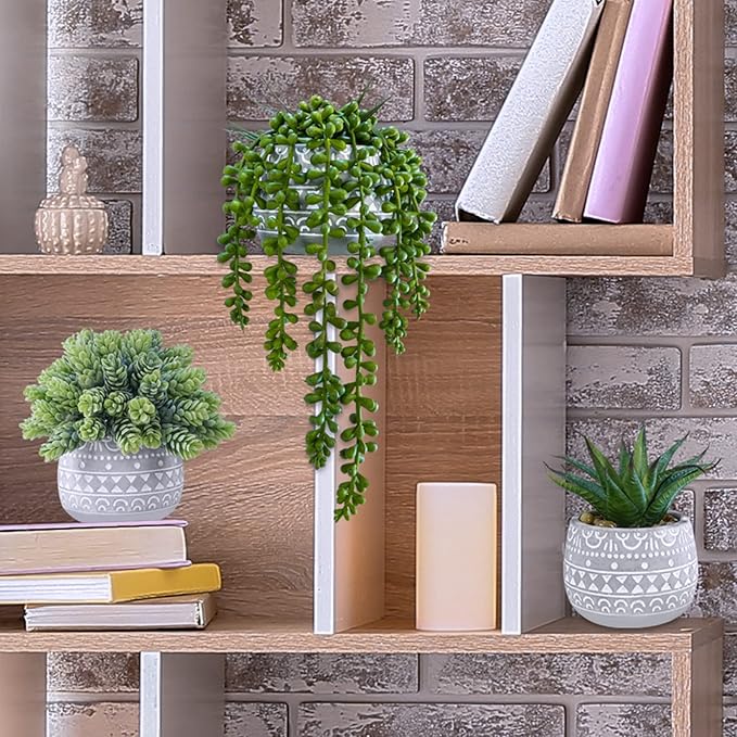 Winlyn 3 Pcs Assorted Small Potted Succulent Plants Artificial Aloe Hops String of Pearls Succulents in Gray Geometric Concrete Pots for Gifts Table Shelf Windowsill Indoor Outdoor Greenery Decor