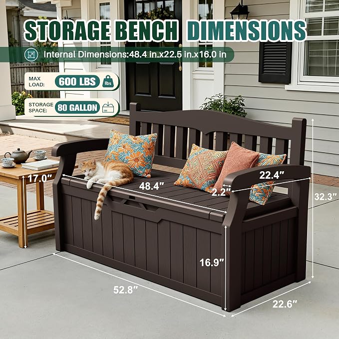 Devoko 80 Gallon Storage Bench Deck Box Lockable for Patio Furniture, Garden Decor and Outdoor Seating for Cushions, Garden Tools and Pool Supplies(Dark Brown)