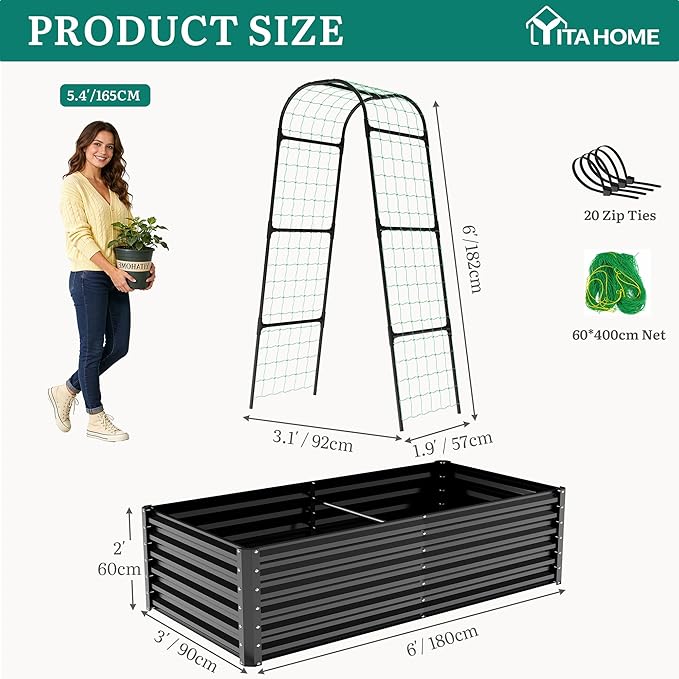 YITAHOME 6x3x2ft Galvanized Raised Garden Bed with Tall Arch Trellis, Galvanized Planter Box with Vertical Netting, Gloves, Support Rod, Outdoor Flower Bed for Plants, Vegetables, Flowers, Black