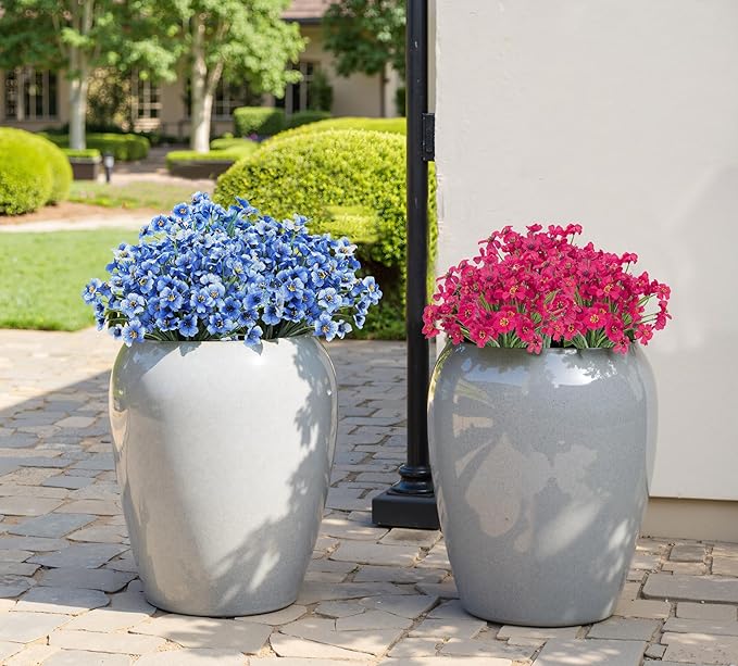 Bassion 24 Bundles Artificial Flowers for Outdoors Decoration, UV Resistant Blue Silk Fake Faux Flowers Artificial Plants for Outside Window Box Porch Garden Home Decor