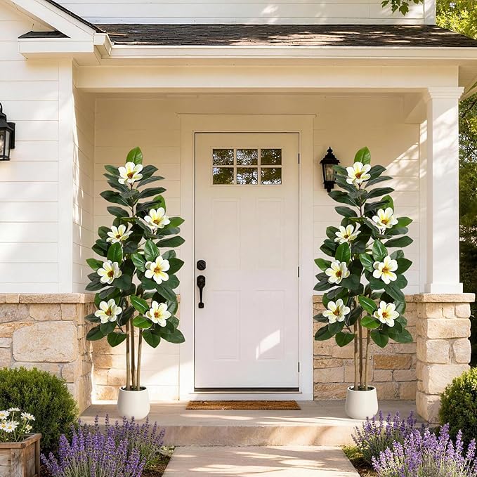 Fiddle Leaf Fig Tree 5FT Tall Artificial Plant, Large Fake Tree in White Planter, Faux Rubber Tree Fake Floor Plant with Magnolia Flowers - Artificial Tree for Home Office Living Room Decor, White