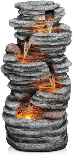 Jocoevol 40" Outdoor Water Fountain with LED Lights - 5-Tier Cascading Rock Waterfall Fountain, Natural Rock Look, Ideal for Garden, Landscaping, Patio, Balconies and Yard Decor