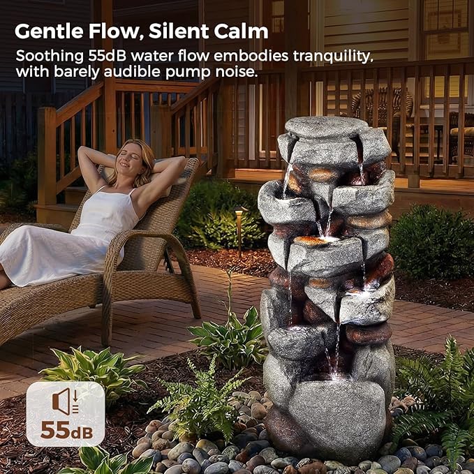 40" H Outdoor Water Fountain, Cascading Rock Waterfall Fountain with 6 White LED Lights, 7-Tiers Large Water Feature for Outdoor, Garden Water Fountain for Patio, Yark, Deck, Porch, Home Decor