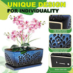 Ceramic Orchid Pot, 10 Inch Orchid Pots with Holes, Premium Thickened Handmade Glazed Pot for Orchidaceae Plants, Indoor Outdoor Decorative Flower Pots for Easy Repotting（Gradient Blue）