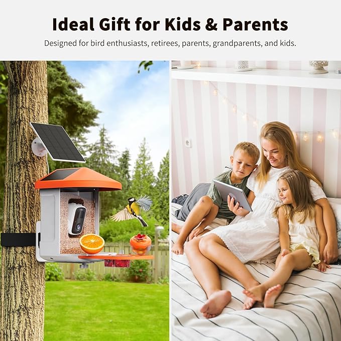 HARYMOR Bird Feeder with Camera with AI Identify Birds Species Solar Powered, Smart Bird House with Cam, 2K HD Video Live Stream, Instant Arrival Alerts - Orange