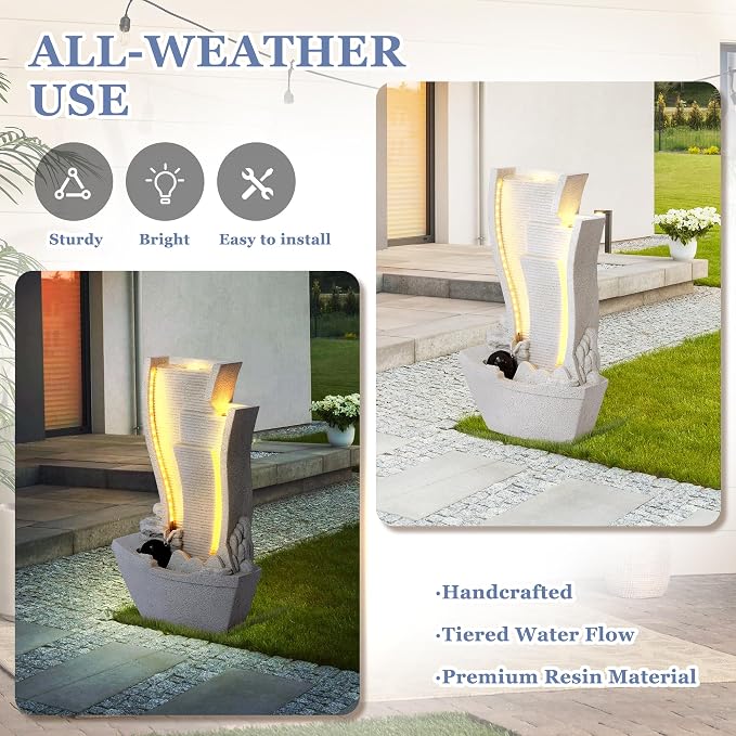 Grepatio Outdoor Cascading Water Fountain, Waterfall Fountain with LED Lights, Sailboat and Waterwheel Look Fountains and Waterfalls for Garden or Patio, Yard, and Deck Decor