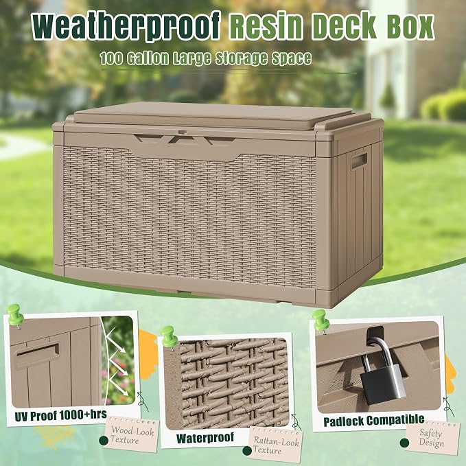 Greesum 100 Gallon Resin Deck Box Large Outdoor Storage with Cushions for Patio Furniture, Garden Tools, Pool Supplies, Weatherproof and UV Resistant, Lockable, Light Coffee