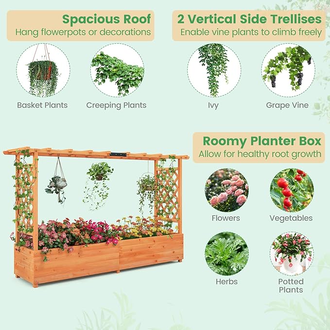 MAT EXPERT Raised Garden Bed with Trellis & Hanging Roof, Lattice Panel with Drainage Hole for Flower, Climbing Plant, Herb, Planter Box for Garden, Patio, Yard (1, 77" x 17" x 45" (L x W x H))