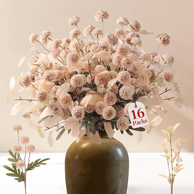 Alupssuc 16PCS Faux Silk Pompon Mums Artificial Flowers with Eucalyptus, Fake Chrysanthemum Floral for DIY Vase Arrangement, Long Stem Dining Table Centerpiece Home Decor, Beige