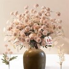 Alupssuc 16PCS Faux Silk Pompon Mums Artificial Flowers with Eucalyptus, Fake Chrysanthemum Floral for DIY Vase Arrangement, Long Stem Dining Table Centerpiece Home Decor, Beige