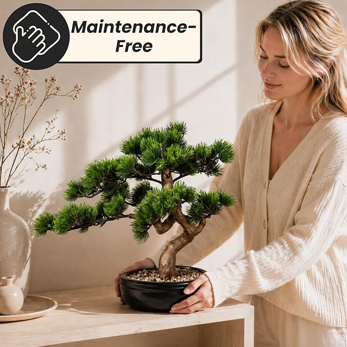 Artificial Bonsai Tree 16" Tall with Realistic Wood and Ceramic Pot, Fake Plants for Home, Bedroom and Office Desk, Japanese Decor