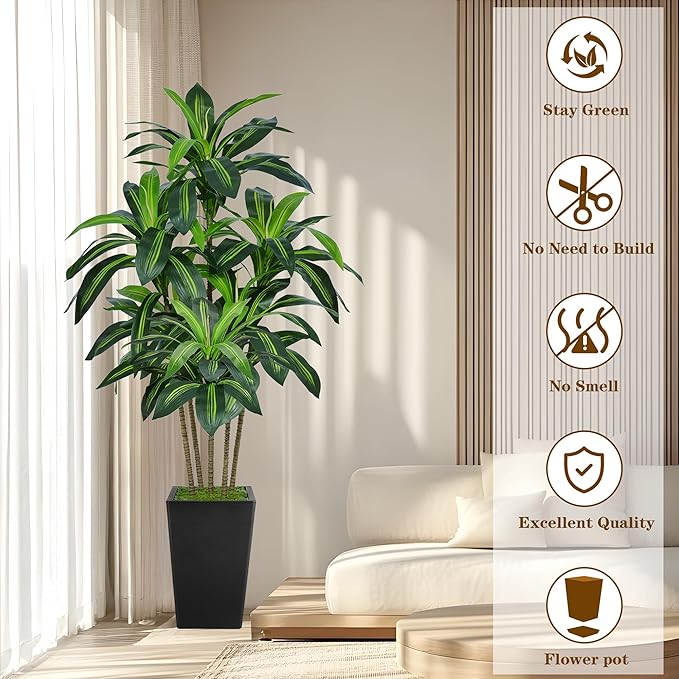 6FT Artificial Dracaena Tree, Fake Tree Indoor with Black Tall Planter,Tall Artificial Plants Indoor,Artificial Silk Tree for Home Office Decor (Black)