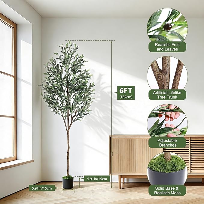 Alupssuc 6ft Olive Tree Artificial Indoor, Fake Tree Potted with Lifelike Fruits and Realistic Leaves, Faux Plants for Modern Home Office Living Room Decor