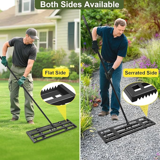 Lawn Leveling Rake-17''x10 Heavy Duty Leveler Reinforced Landscape Tool, Steel Lawn Rake with Serrated Edge & Smooth Plate for Level Soil Compost Sand Grass Dirt Yard Garden 6.5FT Adjustable Handle