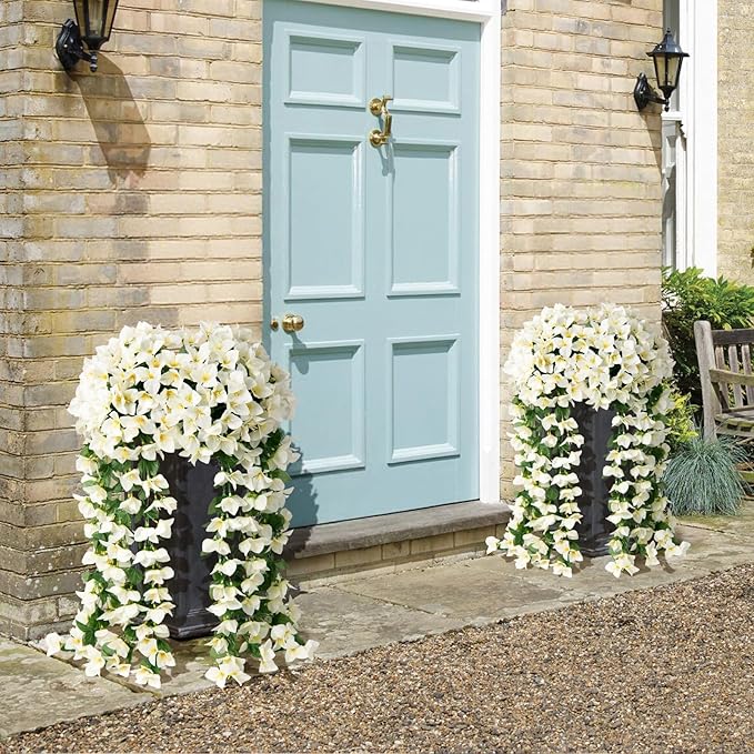ATTGREAT Artificial Bougainvillea for Outdoors Faux Plants UV Resistant Flowers Fake Plastic Plants Realistic Silk Flowers for Porch Planter Garden Outside Hanging Decoration, 2Pcs (White)