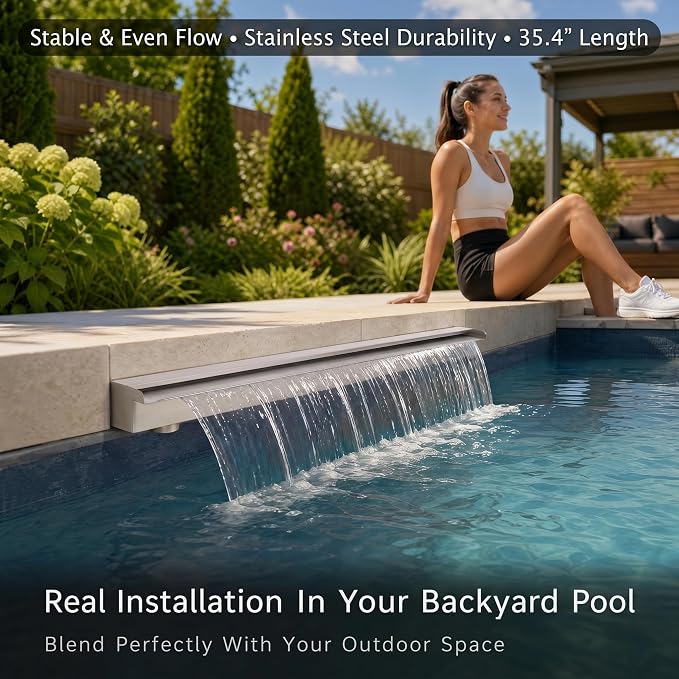 Stainless Steel Pool Fountain Waterfall Sheer Descent, 35.4 Inches Spillway for Swimming Pool, Outdoor Garden Pond, Patio & Backyard Water Feature Decoration(35.4")