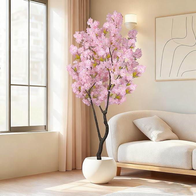 Faux Pink Cherry Blossom Tree 6.5ft(78in) Artificial Pink Silk Flower Tree Lifelike Large Fake Floral Tree for Wedding Realistic Elegant Cherry Sakura Plant in Pot for Home,Living Room,Office